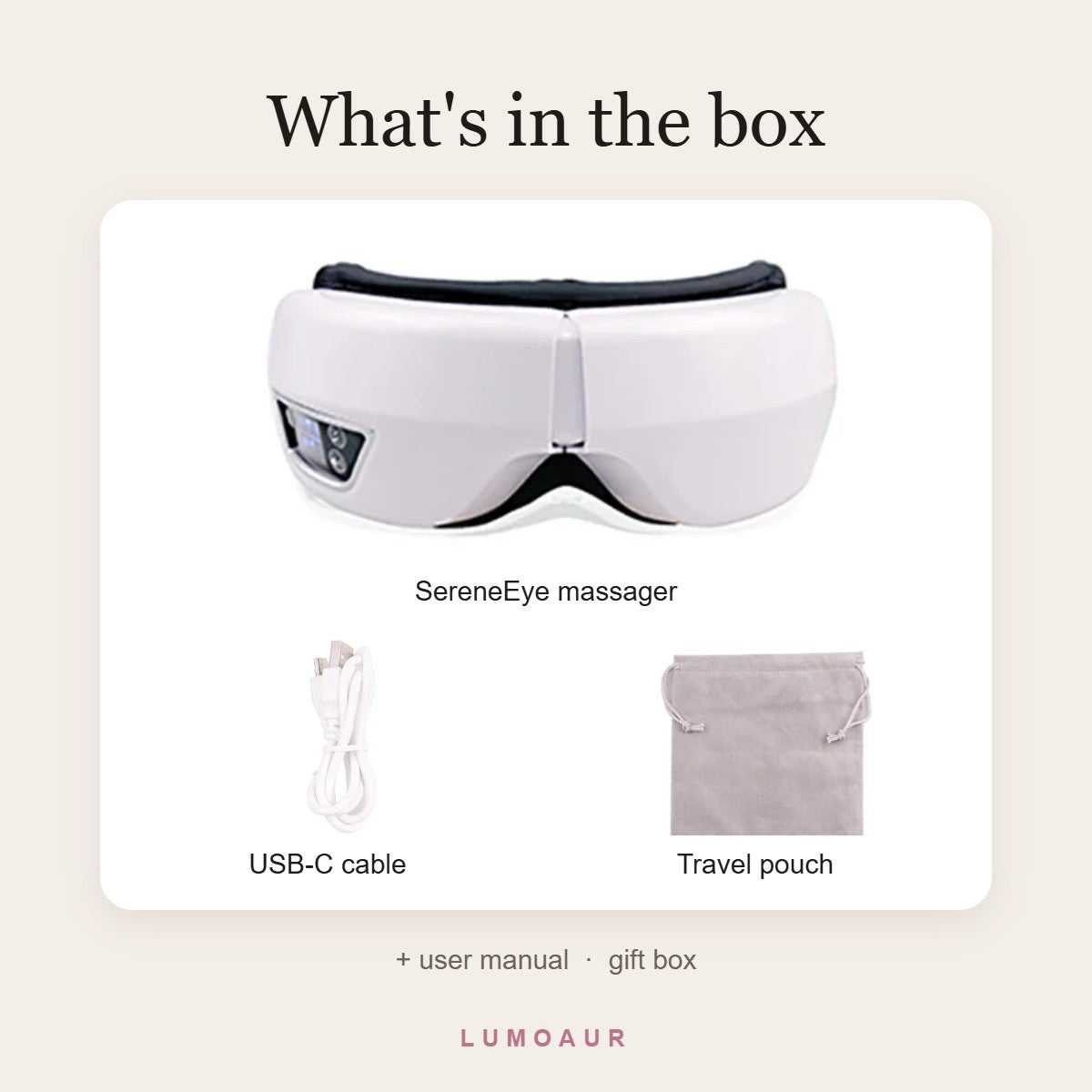 What's in the SereneEye box: massager, USB-C cable, travel pouch